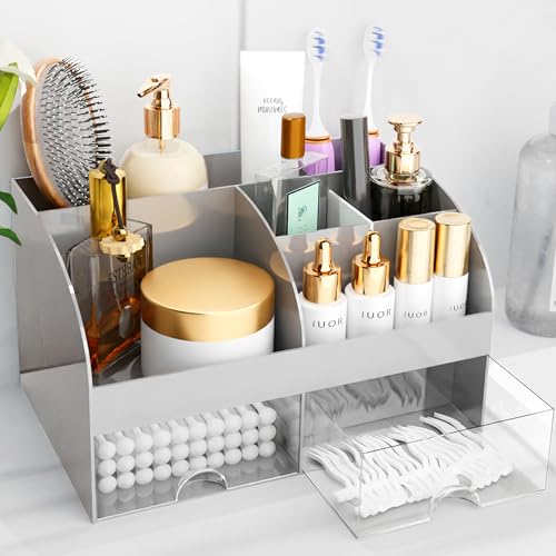 Makeup Organizer with Drawers, Cosmetic Storage for Dresser Vanity and Bathroom Countertop, Beauty Holder for Lipstick Brush, Skincare Organizer for Vanity, Cosmetic Display Case (Grey) - color: Grey