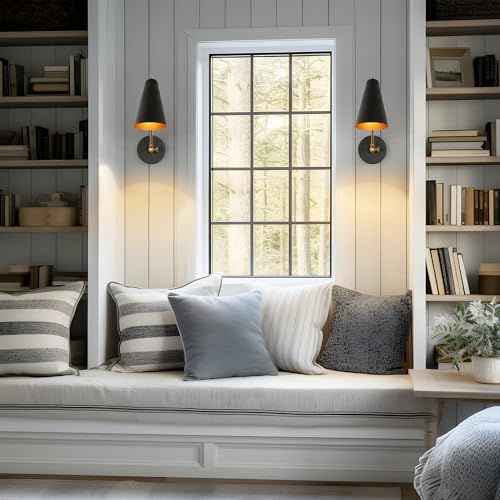 KSANA Swing Arm Wall Lamp, Black and Gold Plug in or Hardwired Wall Sconces, Modern Adjustable Arm Light Fixture with On/Off Switch for Bedroom, Kitchen, Hallway and Living Room - size: Swing Arm - Cone Shade