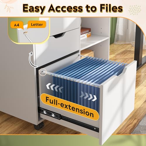 DEVAISE 3 Drawer File Cabinet, Lateral Filing Cabinet White | Mobile Printer Stand, Open Storage Shelves, Letter & A4 Compatible, Wood, Home Office - color: White