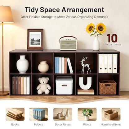 10 Cube Storage Organizer - Pine Wood Bookshelf - Cube Shelf - Vertical or Horizontal Bookcase - Open Book Shelf - Easy Assembly for Bedroom, Living Room, Office - Brown - size: 10 Cube