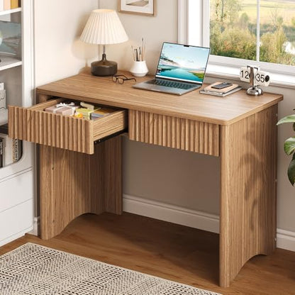 Bestier 40-Inch Fluted Wood Computer Desk with 2 Silent Drawers, Light Wood | Vertical Fluted, 2 Storage Drawers Silent Damping, 40x20 in, 30in Ergonomic, Scratch-Resistant Melamine, Non-Slip Pads - color: Brown, size: 40 Inch