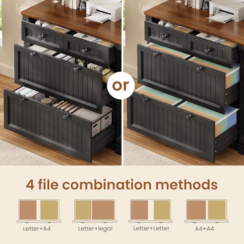 SEDETA 4 Drawers File Cabinet, 33" Farmhouse Filing Cabinets for Home Office fit Legal/Letter/A4 File, Wood Office File Cabinet with Power Outlets, Printer Stand with Storage, Black+Brown - color: Black+brown
