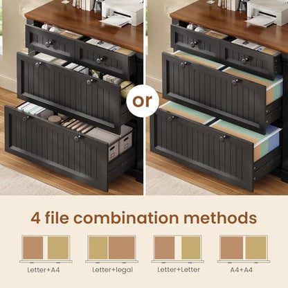 SEDETA 4 Drawers File Cabinet, 33" Farmhouse Filing Cabinets for Home Office fit Legal/Letter/A4 File, Wood Office File Cabinet with Power Outlets, Printer Stand with Storage, Black+Brown - color: Black+brown