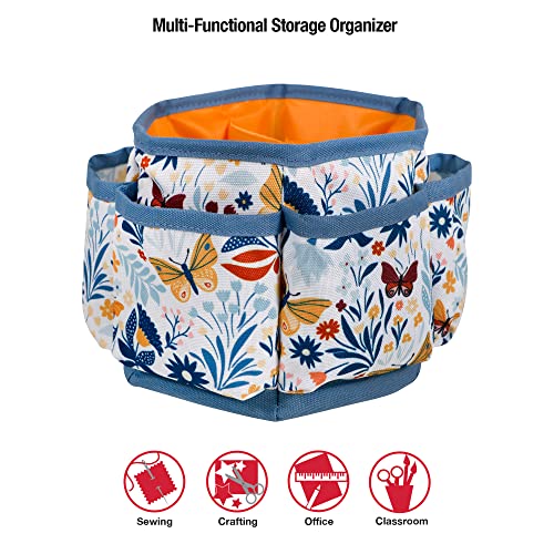SINGER 360 Rotating Sewing Organizer Caddy, Butterfly Floral Desk Storage | 360-degree rotating desktop organizer with 4 padded compartments and 6 outer pockets; keeps thread, tools and notions handy