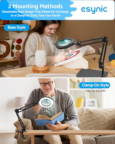 eSynic 10X Magnifying Glass with 84 LED Lights&4.2 Inch Large Len 2-in-1 Clamp&Stand Desk Magnifier Lamp-10 Brightness Levels-5 Color Modes for Crafts Reading Repair[HD Glass Lens Not Acrylic]