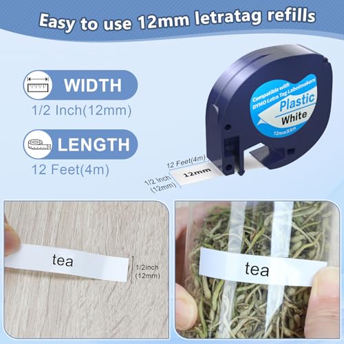 4 Pack Compatible with Dymo Letratag Refills 91201 91331 S0721660 Label Maker Tape White Plastic 12mm x 4m 1/2" x 13', Work with Dymo Letra Tag LT-100H LT-100T Plus 200B QX50 XR XM 2000