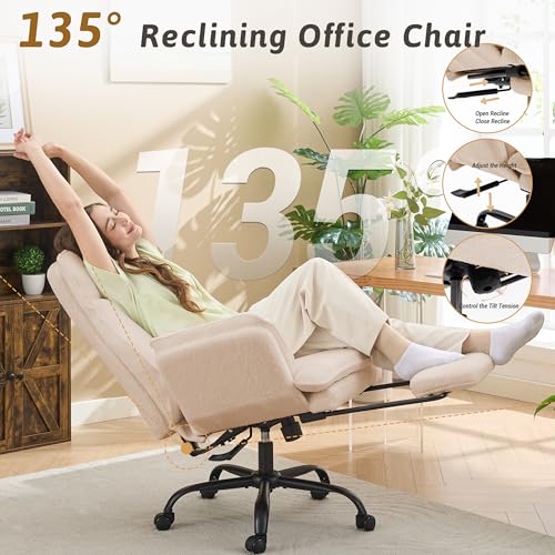 Wider Seat Office Chair with Flip Armrests for Criss Cross Legged&Cats, Big and Tall Executive Ergonomic Reclining Chair with Footrest&Lumbar Pillow, Teddy Fleece Desk Chair,Beige Vanity Chair - color: Beige