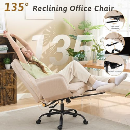 Wider Seat Office Chair with Flip Armrests for Criss Cross Legged&Cats, Big and Tall Executive Ergonomic Reclining Chair with Footrest&Lumbar Pillow, Teddy Fleece Desk Chair,Beige Vanity Chair - color: Beige