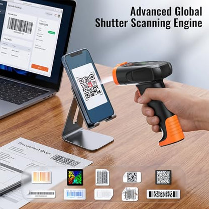 Tera Barcode Scanner Wireless Handheld: 1D 2D QR Li-Polymer 2200mAh, D5300 | 640*480 Global CMOS, BT 2.4G Wireless, USB Wired, Date & Time, Prefix Suffix, Retail Warehouse Library School Office, Orange