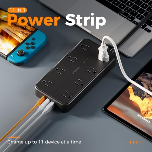 TESSAN Power Strip Surge Protector, 6FT Flat Plug Extension Cord | 8 Outlets 3 USB Charger(1 USB C), 1080 Joules Protection, Wall Mountable Charging Station for Home Office Dorm, Black - color: Black, size: 6FT-1080J surge protection