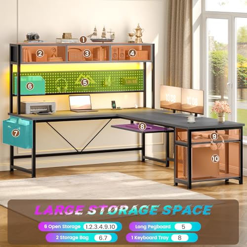 SEDETA L Shaped Office Desk with Hutch, Reversible 94.5" Computer Desk | L Shaped Gaming Desk with LED Light, Keyboard Tray, Storage Shelves and Headphone Hook for Home Office, Grey - color: Grey With Power Outlet and Pegboard