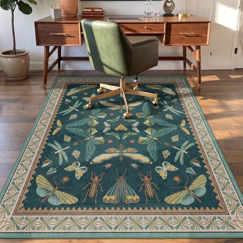 Vintage Insect Office Chair Mat 4'x5', Decorative Desk Rug for Hardwood Floors, Washable Non Slip Low Pile Computer Chair Rug, 48"x60" Floor Protector for Home Office - color: Insect - Teal, size: 4' x 5'