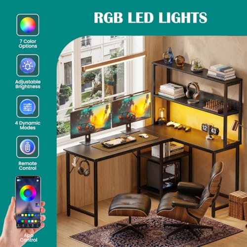 OLIXIS L Shaped Desk, Gaming Desk, LED Lights, 53 Inch | Power Outlets, Reversible Corner Home Office Table, Adjustable Shelf CPU Stand, Black - size: 53.1 IN