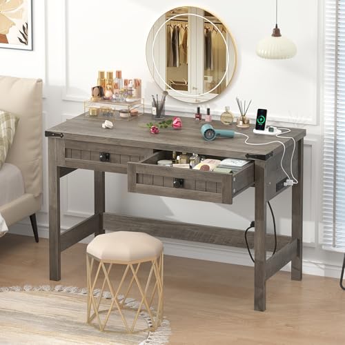 39 Inch Farmhouse Small Computer Desk with Drawers for Bedroom, Home Office - color: Grey