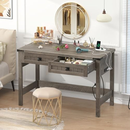 39 Inch Farmhouse Small Computer Desk with Drawers for Bedroom, Home Office - color: Grey