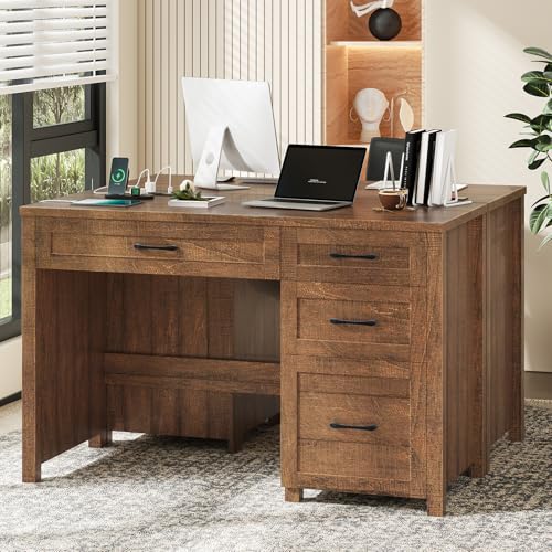 Farmhouse 47" Computer Desk, Executive Desk with File Drawer, Red-Brown. - color: Red-brown