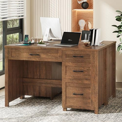 Farmhouse 47" Computer Desk, Executive Desk with File Drawer, Red-Brown. - color: Red-brown