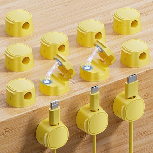 12 Pack Magnetic Cable Clips – [One-Snap Lock] Phone Cord Holder for Desk, Adhesive Magnetic Cord Organiser for Nightstand, Wall, Car – Under Desk Cable Management for Office, Home - color: yellow