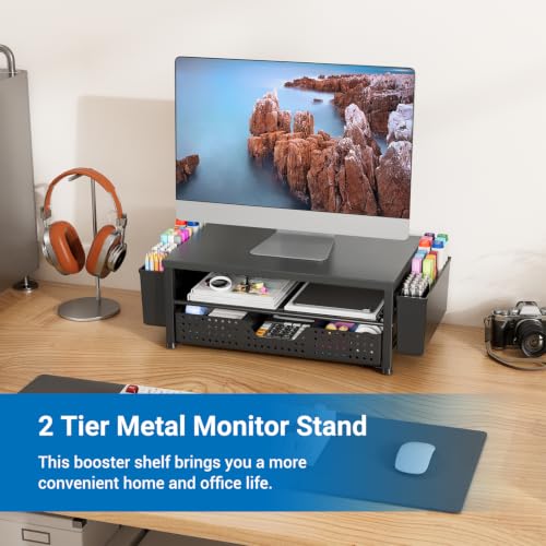 Monitor Riser, Laptop Stand for Desk, Office Desk Organizer and Accessories, Computer Monitor Stand, Desktop Shelf with Drawer and Pen Holder, Printer Stand for Home, Office, Dorm (Black) - color: Black-Regular