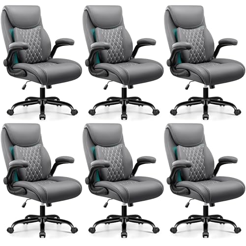 BESTFAIR Office Chairs, Lumbar Support Desk Chair for Back Pain Relief | Executive Leather Home Chair Comfy with Padded Flip-up Armrests, Gray, 6-Pack - color: Grey, size: 6 Pack
