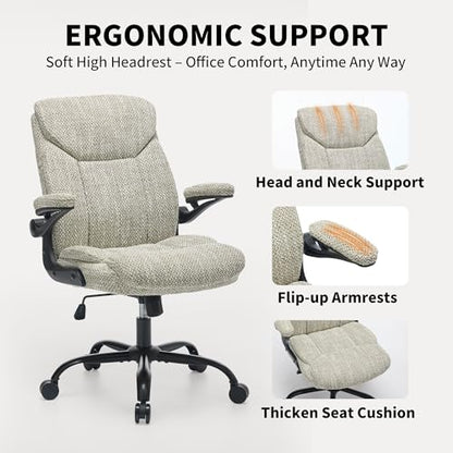 Ergonomic Home Office Chair Fabric Comfy Computer Chair, Mint Green | Flip-up Armrest, Height Adjustable, Lumbar Support, 360° Swivel Wheels Managerial Executive Chairs for Work Gaming Home Use - color: Mint Green