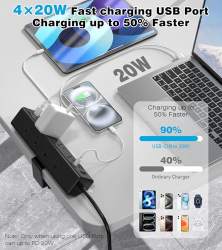 Desk Clamp Power Strip, 40W Total Fast Charging Station, Desk Edge Mount Power Strip, 8 USB Ports(4 USB C) & 8 AC Outlets, Fit 1.9" Tabletop Edge(6Ft 14AWG Cable) - color: Black, size: 6FT