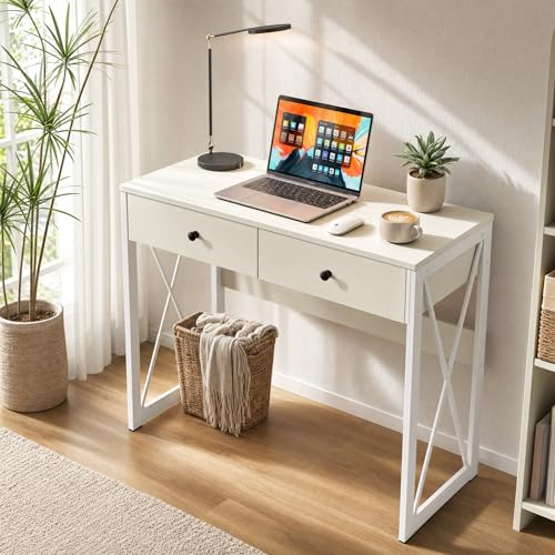 Manora White Computer Desk with 2 Drawers & Power Outlets USB Ports,31 Inch Small Writing Desk for Home Office, Modern Minimalist Study Table, Compact Vanity Desk for Bedroom, Apartment,Small Spaces - color: White