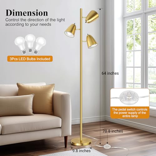 QiMH Tree Floor Lamp with 3 Light Bulbs, Standing Tall Pole Lamps for Living Room Bedroom Office, Reading Stand up Lamps with 3 Adjustable Arms, Brushed Gold - color: Brushed Gold