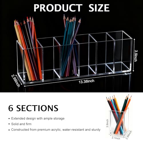 5 Pcs Clear Pencil Holder 6 Compartments Acrylic Cosmetic Brush Storage Box Pencil Cup Stationery Holder Makeup Brush Organizer for Bathroom Kitchen Dorm Office Desk Accessories