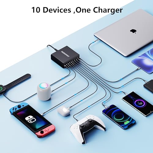 320W USB C Charger Block, MGRNPONY 10-Port GaN USB C Charging Station Black - color: Black