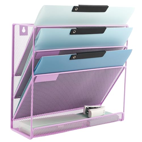 EASEPRES Desk File Organizer Mesh 4-Tier, Hanging Wall Mount Document Organization Stand, Desktop Vertical Mail Paper Folder Holder Rack with Bottom Tray for Office Home Cubicle, Light Purple - color: Light Purple, size: 4 Tier