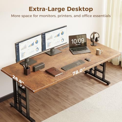 OffiGo 78 Inch Executive Computer Desk with Outlets, Rustic Brown