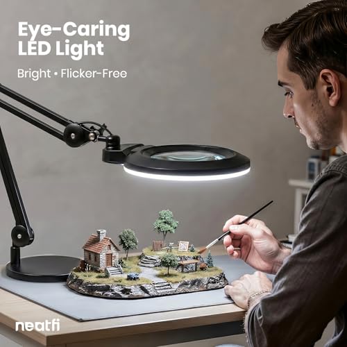 Neatfi XL LED Magnifying Lamp, Hands-Free, Dimmable, Crafts, Reading, Close Work (Black, Non-CCT with Base) - color: Black, size: 7-inch Lens, Non-CCT with Base