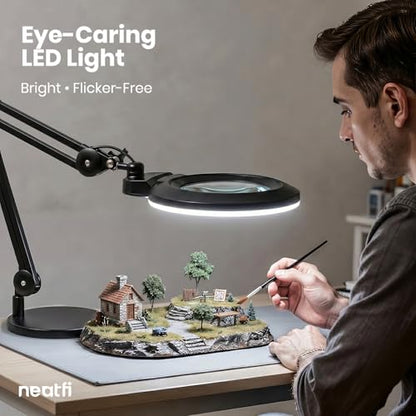 Neatfi XL LED Magnifying Lamp, Hands-Free, Dimmable, Crafts, Reading, Close Work (Black, Non-CCT with Base) - color: Black, size: 7-inch Lens, Non-CCT with Base