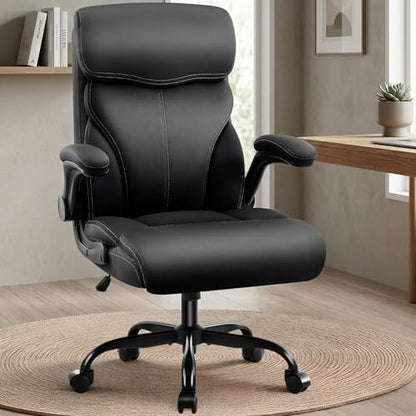 AreShark Executive Office Chair - 400lbs Heavy Duty Ergonomic Desk Chair with Comfy Cushion, High Back Breathable Leather Computer Chair with Flip-up Arms & Rocking Function for Home Office - color: Ebony