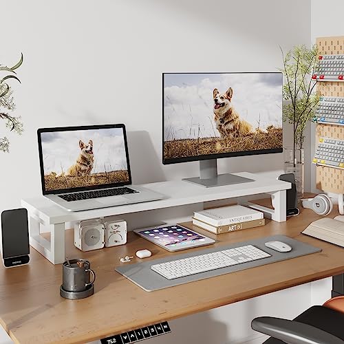 WESTREE Dual Monitor Stand Riser, Wood and Steel Monitor Stand Riser, Computer Monitor Stand for 2 Monitors, Multi-Purpose Desktop Storage Stand for Computer,Laptop,Printer,TV - color: White, size: Large