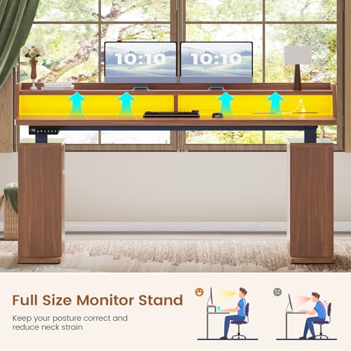 SEDETA Standing Desk with Storage, 55" Fluted Stand Up Desk with Power Outlets and LED Lights, Height-Adjustable Table with Monitor Shelf for Home Office & Gaming, Brown - color: Brown