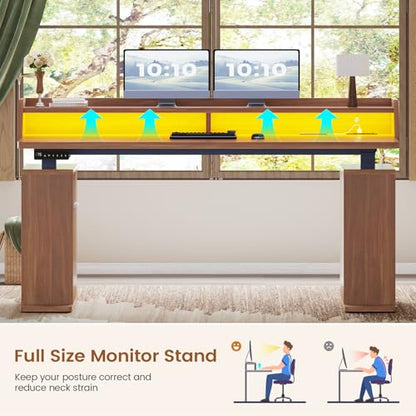 SEDETA Standing Desk with Storage, 55" Fluted Stand Up Desk with Power Outlets and LED Lights, Height-Adjustable Table with Monitor Shelf for Home Office & Gaming, Brown - color: Brown