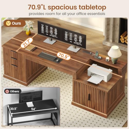 SEDETA 70.9" Executive Desk, Fluted Office Desk with Drawers, Fluted Brown - color: Fluted Brown, size: 70.9" Executive Desk
