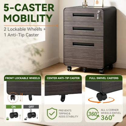 SAWJEC 3 Drawer Mobile File Cabinet with Lock, Fully Assembled, Black - color: 02l-black Brown