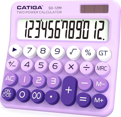 CATIGA Mechanical Switch Calculator with Solar and Battery Dual Power, 12-Digit Large LCD Display, Aesthetic and Cute Desktop Calculator with Big Button, for Home, School and Office Use, SD-1299 - color: Z) Lavender
