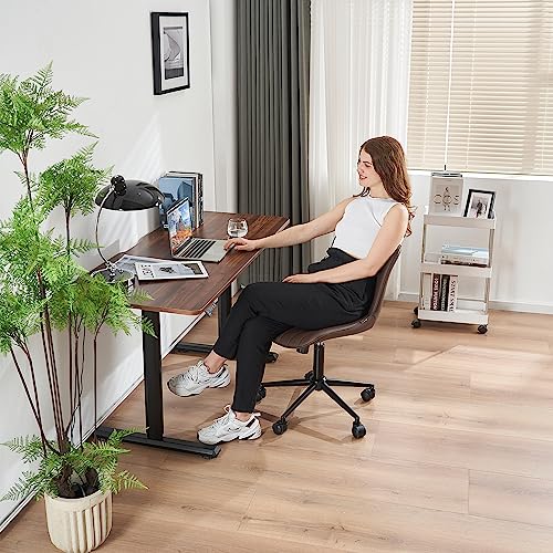 YOUNIKE Office Desk Chair with Wheels Armless Vanity Chair Modern Brown | Faux Leather Upholstered with Rocking Back, Swivel Height Adjustable Small Cute Computer Rolling Task Chair Ergonomic 300lb - color: Brown, size: Base Black