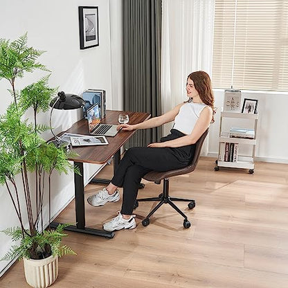 YOUNIKE Office Desk Chair with Wheels Armless Vanity Chair Modern Brown | Faux Leather Upholstered with Rocking Back, Swivel Height Adjustable Small Cute Computer Rolling Task Chair Ergonomic 300lb - color: Brown, size: Base Black