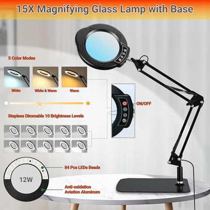 15X Magnifying Glass with Light, Real Glass Lens, 84 LEDs, 5 Color Modes Stepless Dimmable, Adjustable Swing Arm with Clamp and Base, Hands-Free Magnifier for Crafts, Reading, Repair, Close Work