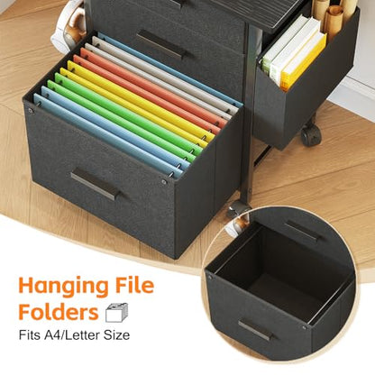 Mexin 3 Drawer File Cabinet with 22'' Extended Desktop, Mobile Filing Cabinet, Printer Stand, Rolling Printer Stand with Side Bag, Fabric Drawer, Fits A4 Size, Home Office, Black - color: Black