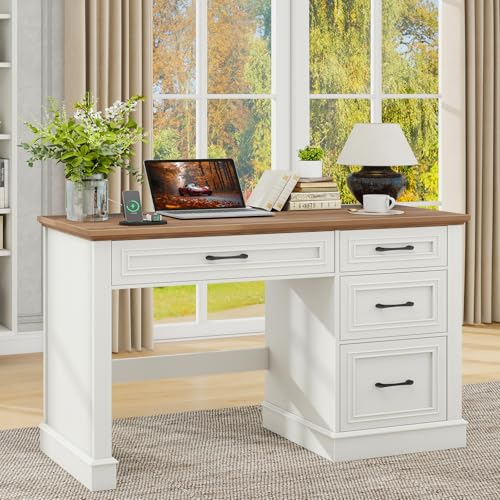Vabches Farmhouse 47" Executive Desk with Charging Station, Unique White | Computer Desk with Drawers, Workstation Computer Desk with File Drawer for Home Office,Study. - color: Unique White