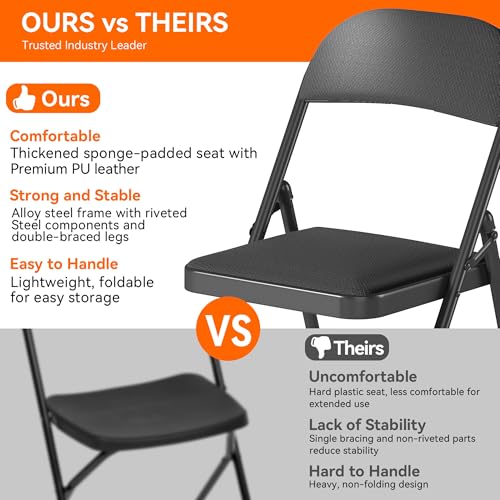 Fenbeli 2 Pack Padded Folding Chairs with Cushion, Black Fabric Foldable Chairs for Dining, Balcony & Spare Guest Pair, 330-Pound Heavy-Duty Steel Frame, Auto-Lock Hinge, Breathable Cushion - color: Black, Fabric, size: Set of 2