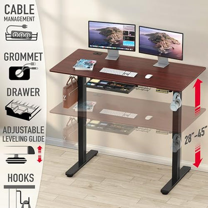 SHW 55 x 28 Electric Height Adjustable Standing Desk w/Drawer, Cherry - color: Cherry, size: 55-Inch