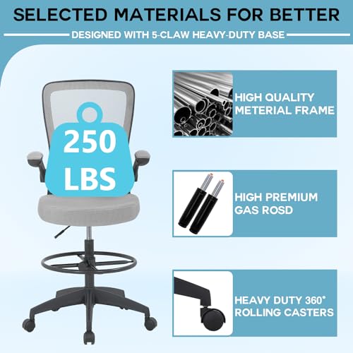 PayLessHere Ergonomic Drafting Chair Tall Office Chair High Adjustable Standing Desk Chair with Lumbar Support Mesh Back Footrest Flip-Up Arms for Office Computer Desk Standing Desk, Grey - color: Grey