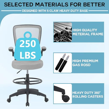 PayLessHere Ergonomic Drafting Chair Tall Office Chair High Adjustable Standing Desk Chair with Lumbar Support Mesh Back Footrest Flip-Up Arms for Office Computer Desk Standing Desk, Grey - color: Grey